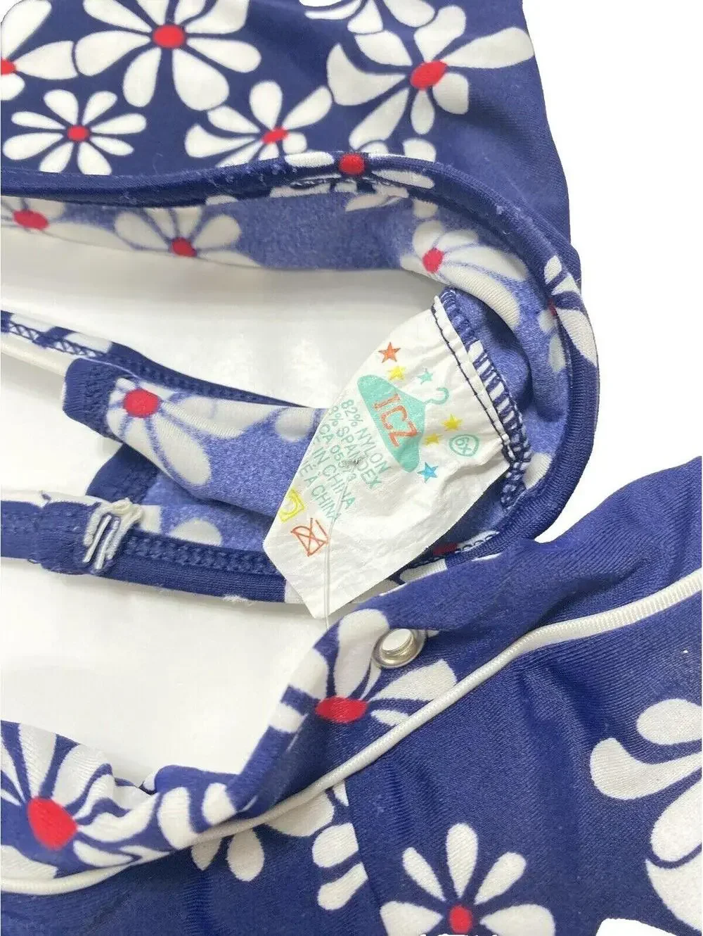 Vintage Kids Blue Floral Bathing Suit 2pc Size 6X Twisted Waistband Elastic AsIS